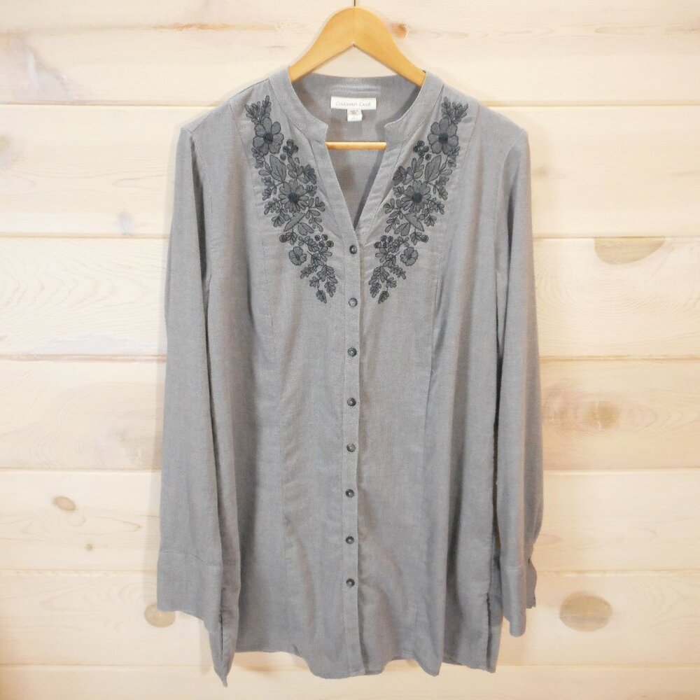 Coldwater Creek Womens Large Gray Embroidered Button-up Tunic Cotton Boho
